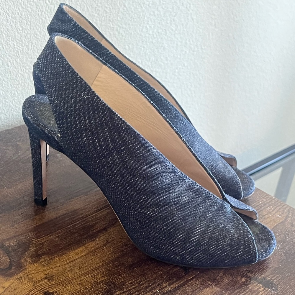 Jimmy Choo Denim Peep-Toe Wedge Slingbacks in Dark Blue - Picture 2 of 7